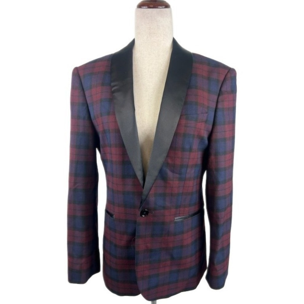 Vintage Express Slim Fit Plaid Blazer Black Tie Tuxedo Jacket Men's Size‎ 36S